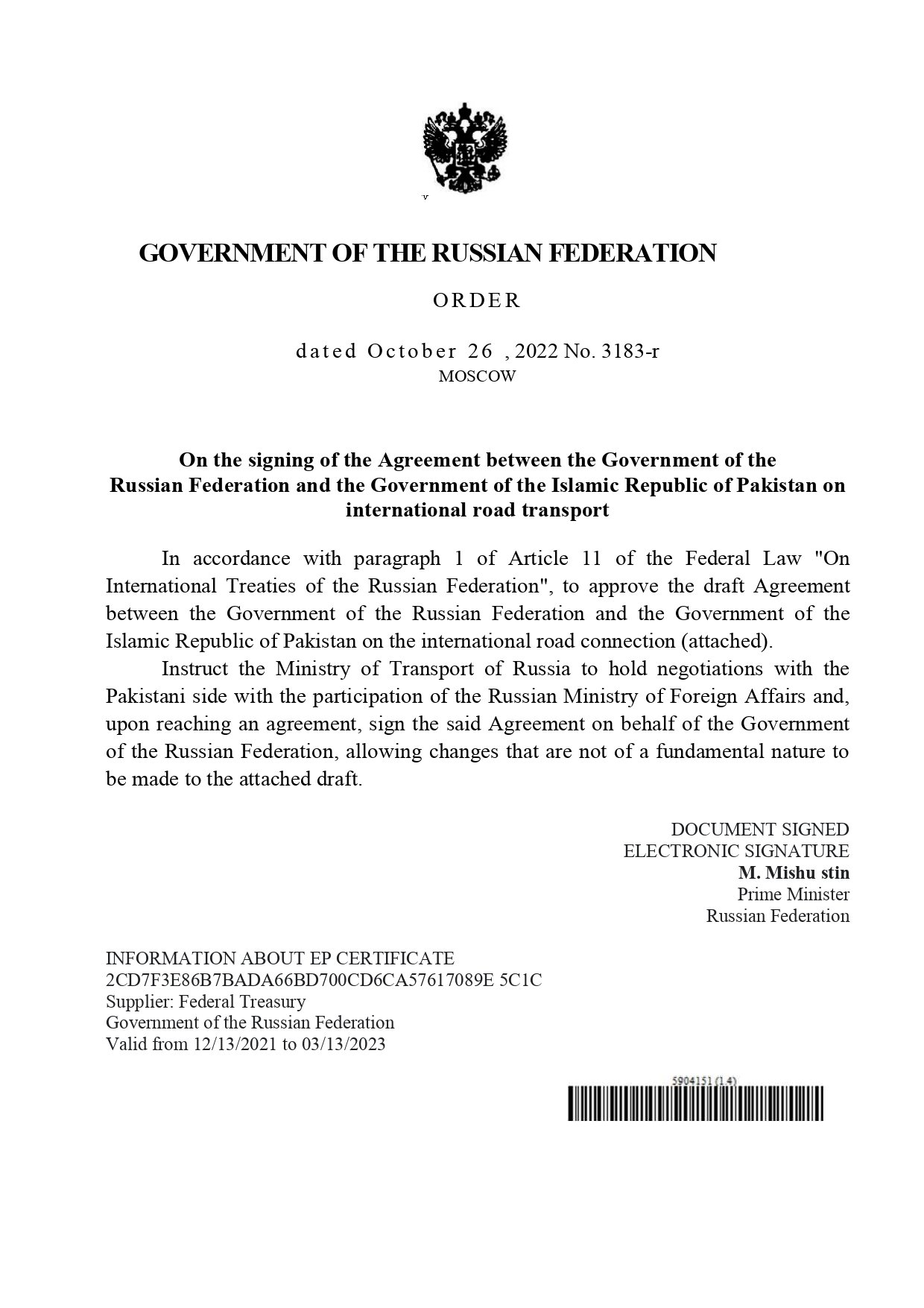 Road Transport Agreement between Pakistan & Russia