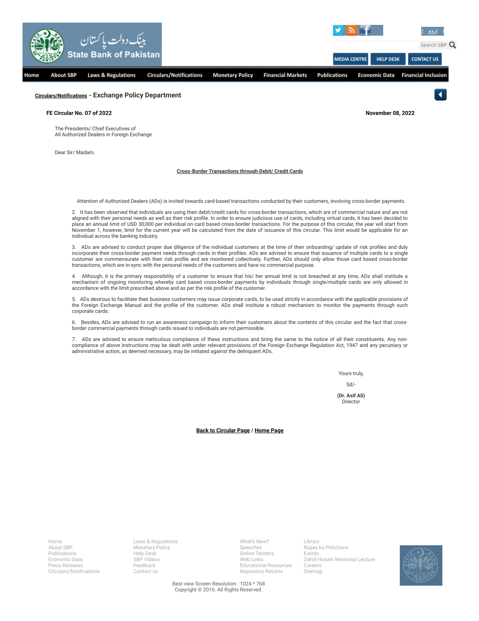 Cross-Border Personal Transactions Through Debit/Credit Cards limited by SBP up to US$:30,000/ Annually Only. For details see the following Circular issued by SBP