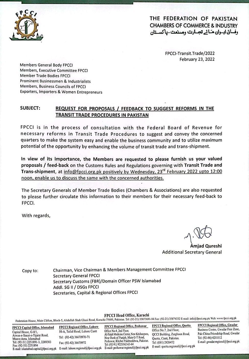 Letter From FPCCI Request for proposals/Feedback to suggest reforms in the transit trade procedures in Pakistan.