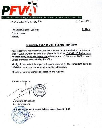 PFVA Suggestions regarding Minimum Export Value (FOB) - Kinnow for year 2022
