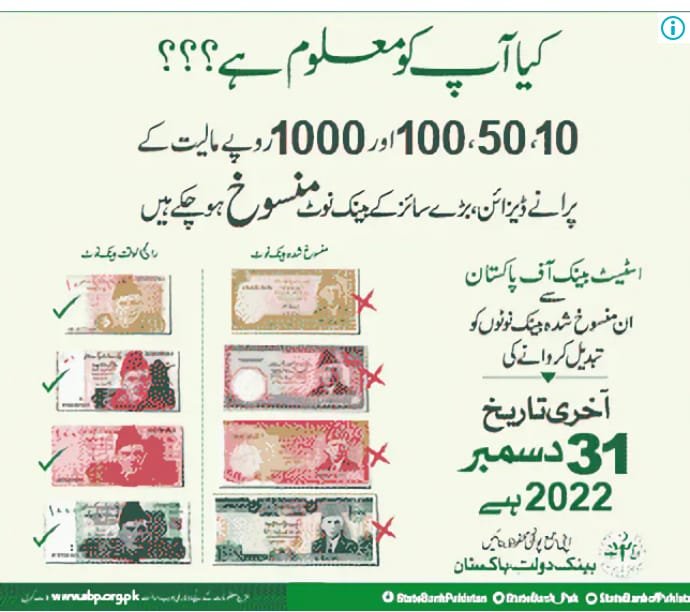 Old Design, Large sized notes have been cancelled by State Bank
