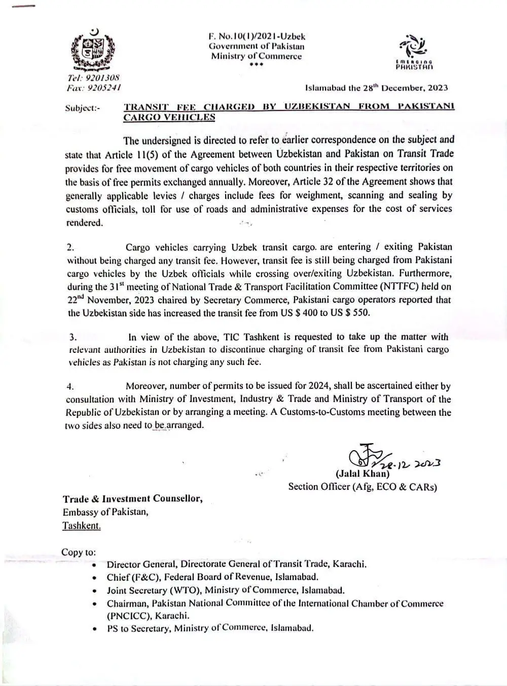 UZBEKISTAN INCREASED TRANSIT FEE FOR PAKISTANI CARGO VEHICLES