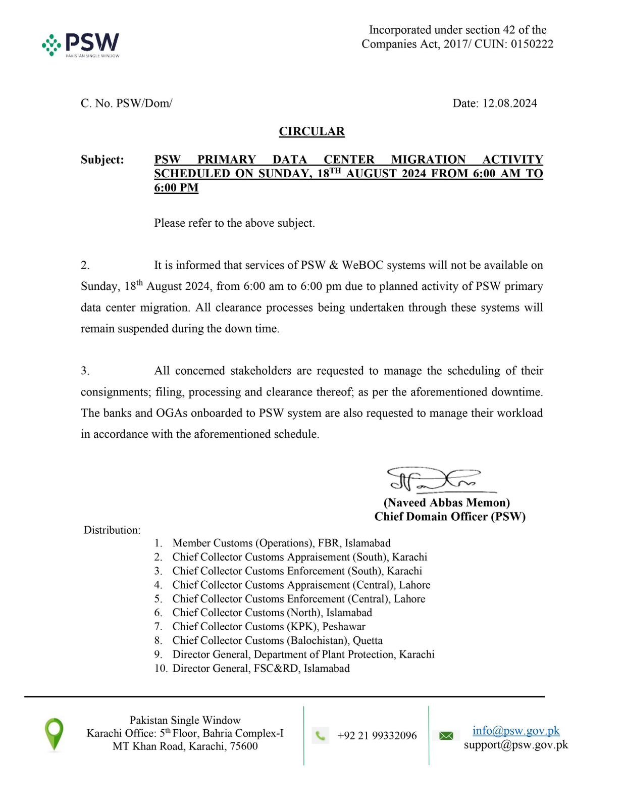 Downtime announcement: PSW and WeBOC services